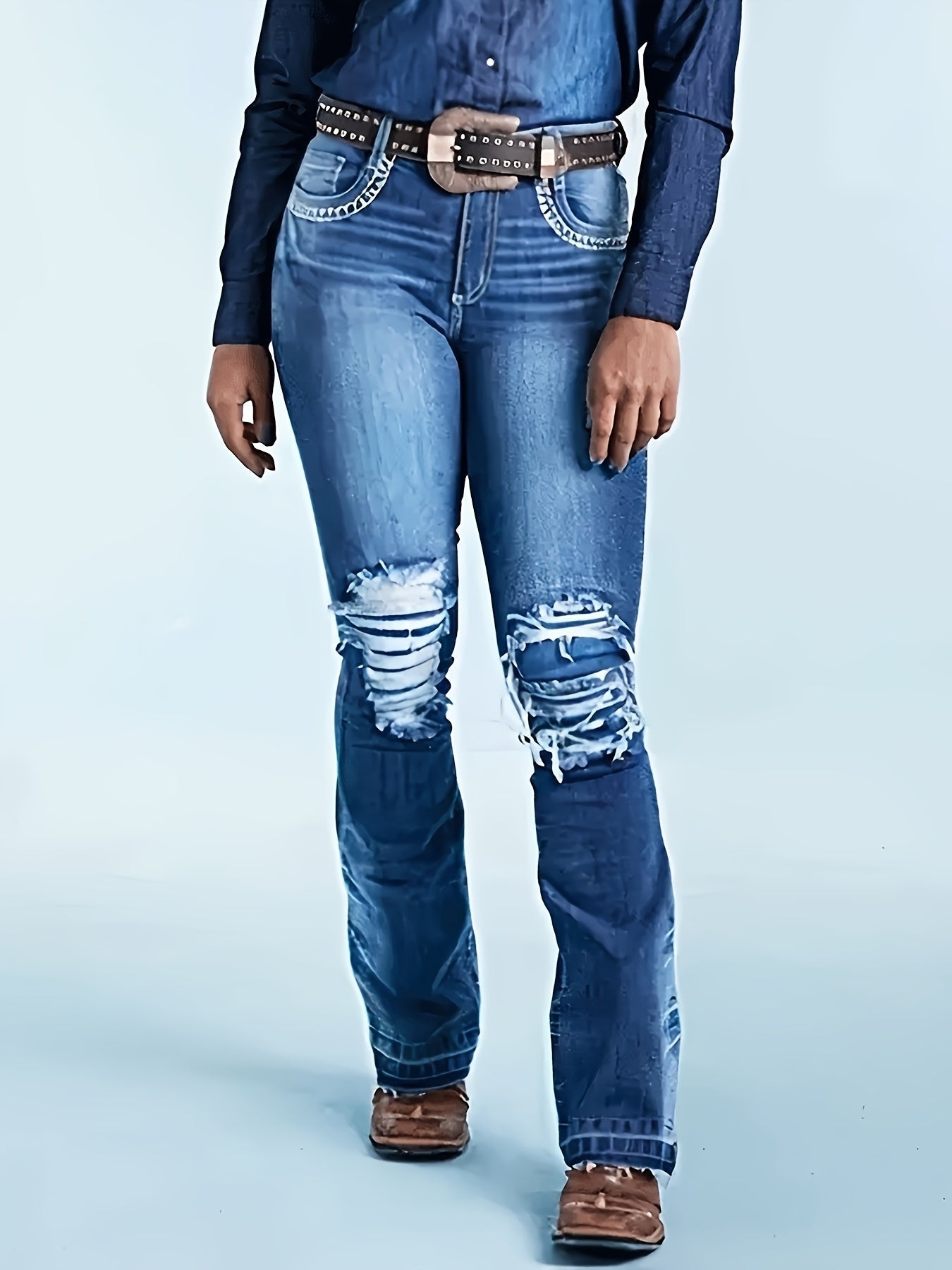 Women's Mid-Rise Jeans - Medium Blue Distressed – Blue option – main product image