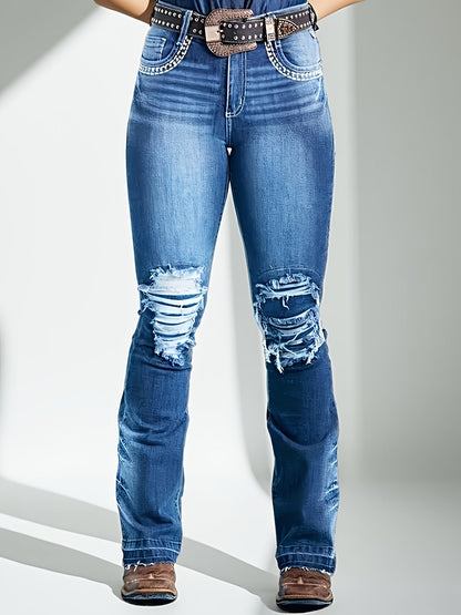 Women's Mid-Rise Jeans - Medium Blue Distressed detail view