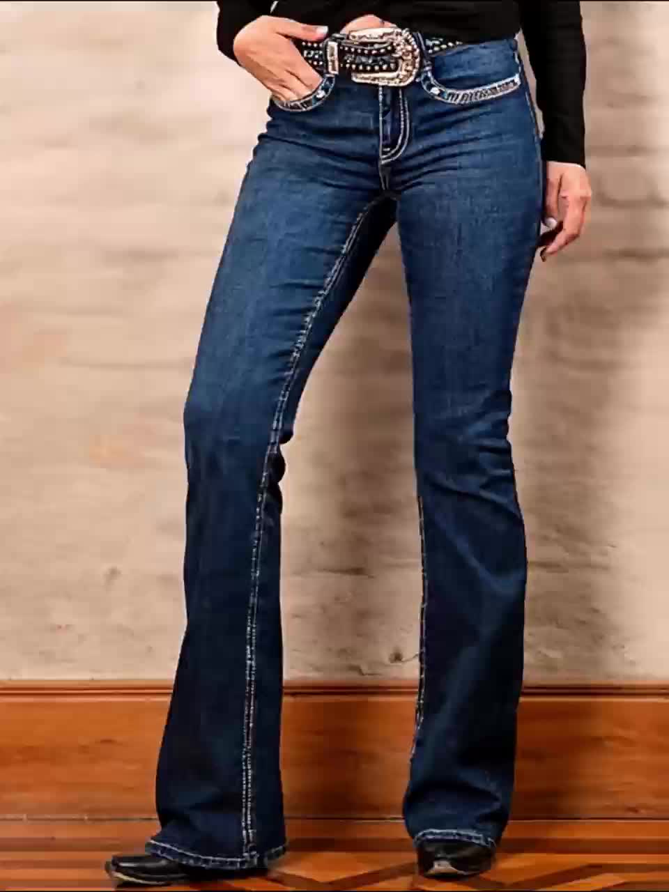 Women's Mid-Rise Jeans - Medium Blue Embroidered Stretch detail view