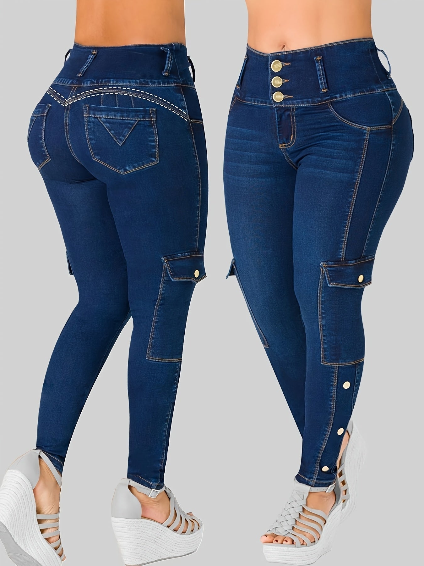 Women's Mid-Rise Skinny Jeans - Dark Blue Button Detail detail view