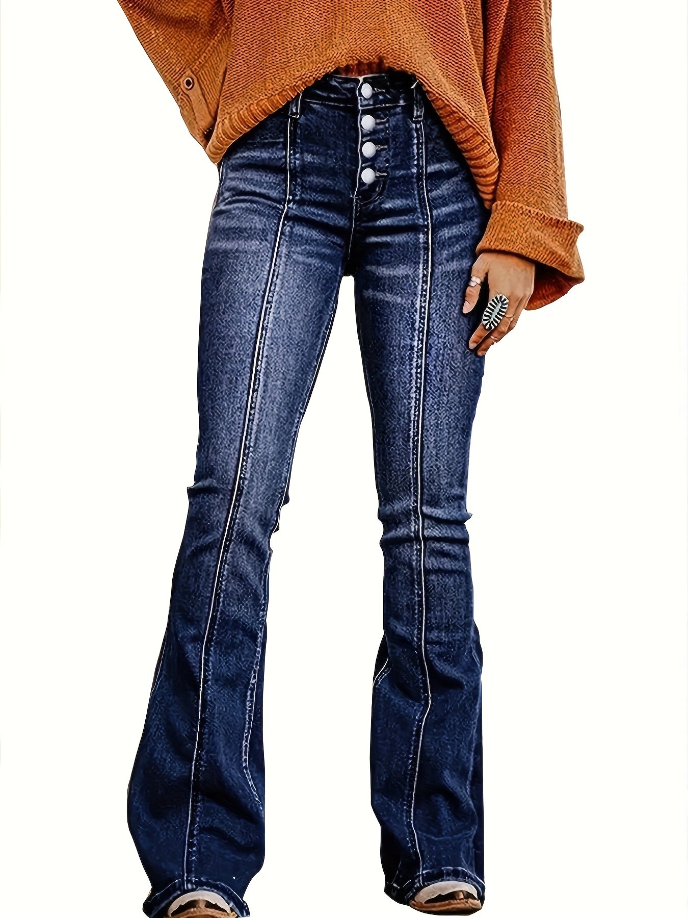 Women's Mid-Rise Skinny Jeans - Dark Blue Button Detail Stretch detail view
