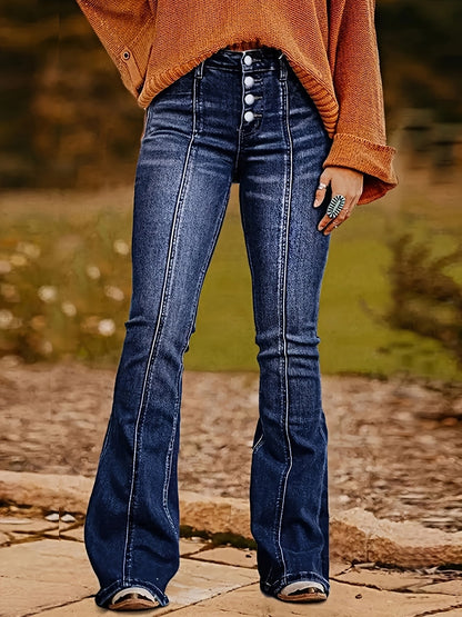 Women's Mid-Rise Skinny Jeans - Dark Blue Button Detail Stretch detail view