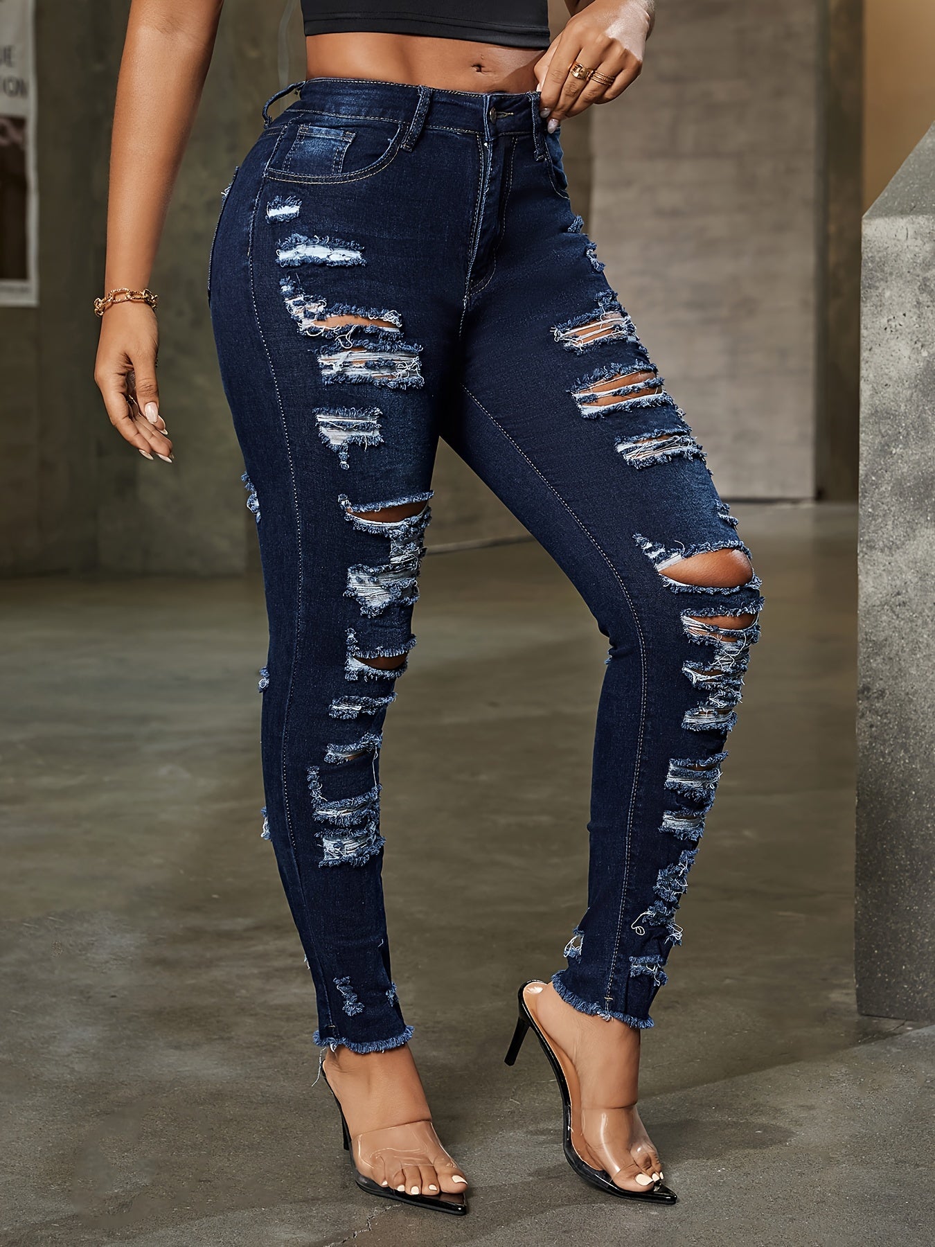 Women's Mid-Rise Skinny Jeans - Dark Blue Distressed Stretch detail view