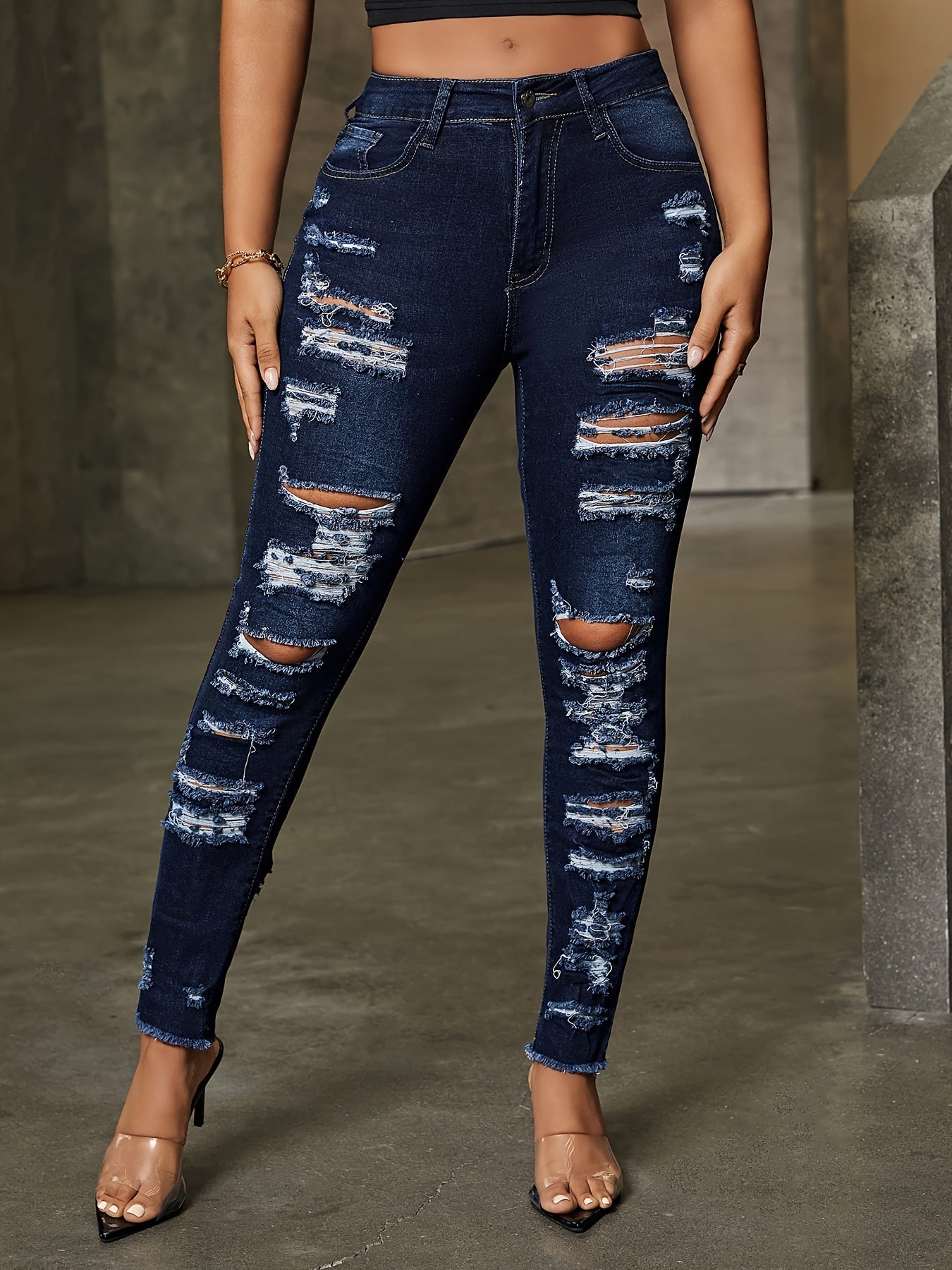 Women's Mid-Rise Skinny Jeans - Dark Blue Distressed Stretch detail view