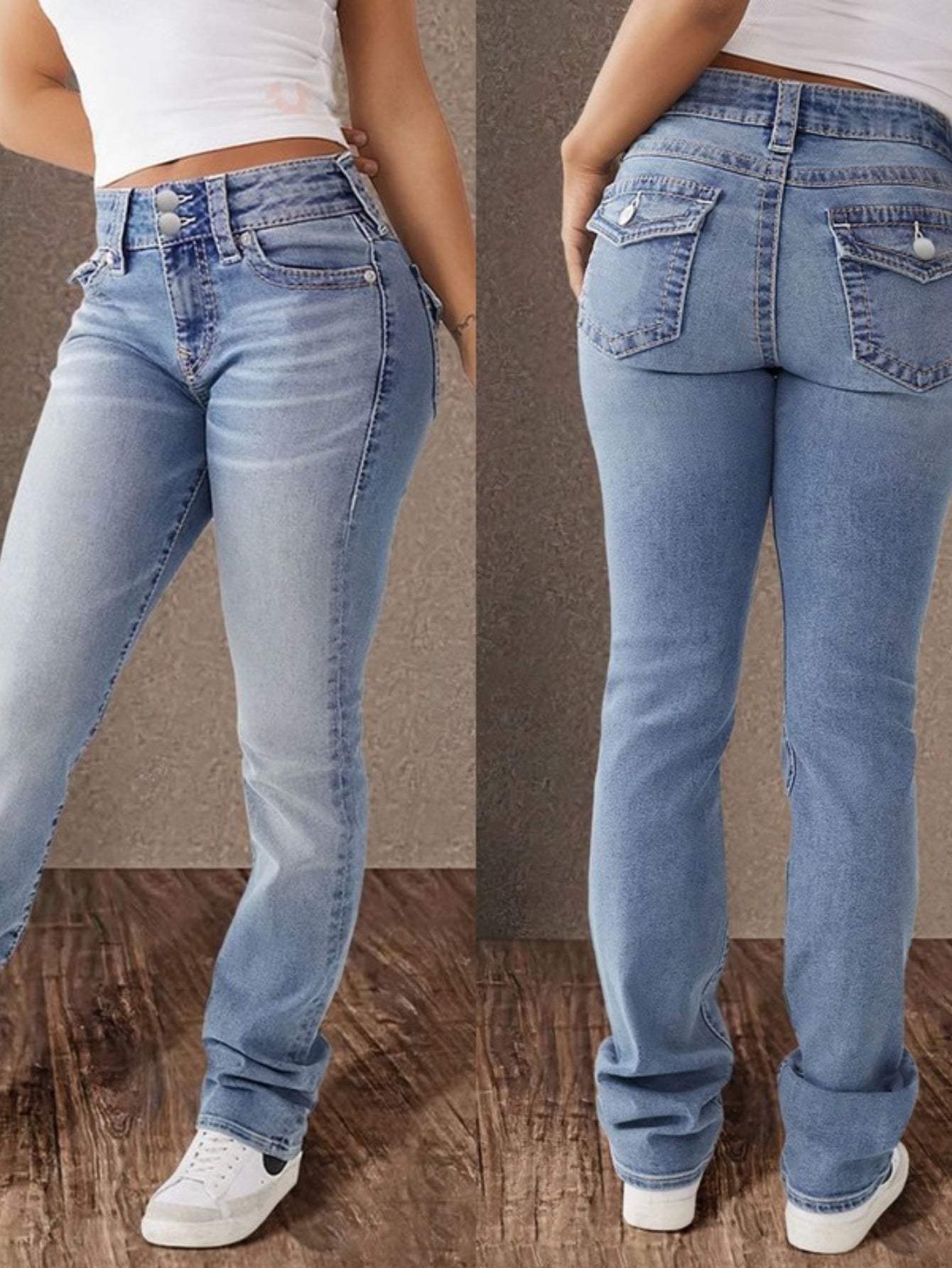 Women's Mid-Rise Skinny Jeans - Light Blue Button Detail detail view