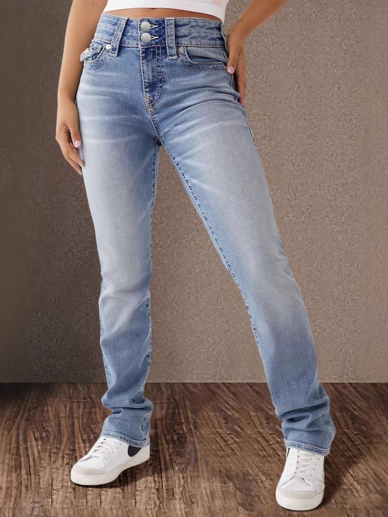 Women's Mid-Rise Skinny Jeans - Light Blue Button Detail detail view