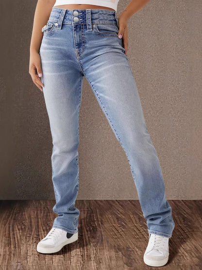 Women's Mid-Rise Skinny Jeans - Light Blue Button Detail detail view
