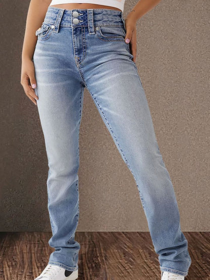 Women's Mid-Rise Skinny Jeans - Light Blue Button Detail detail view
