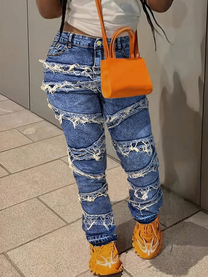 Women's Mid-Rise Skinny Jeans - Mud Yellow Patchwork Stretch detail view