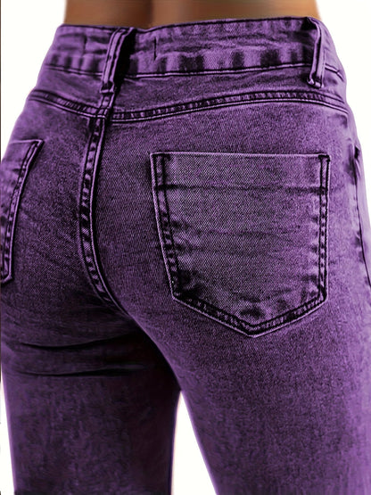 Women's Mid-Rise Skinny Jeans - Purple Button Detail Stretch detail view