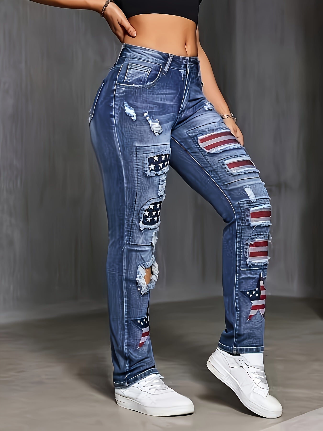Women's Mid-Rise Straight Leg Jeans - Blue Distressed Streetwear detail view