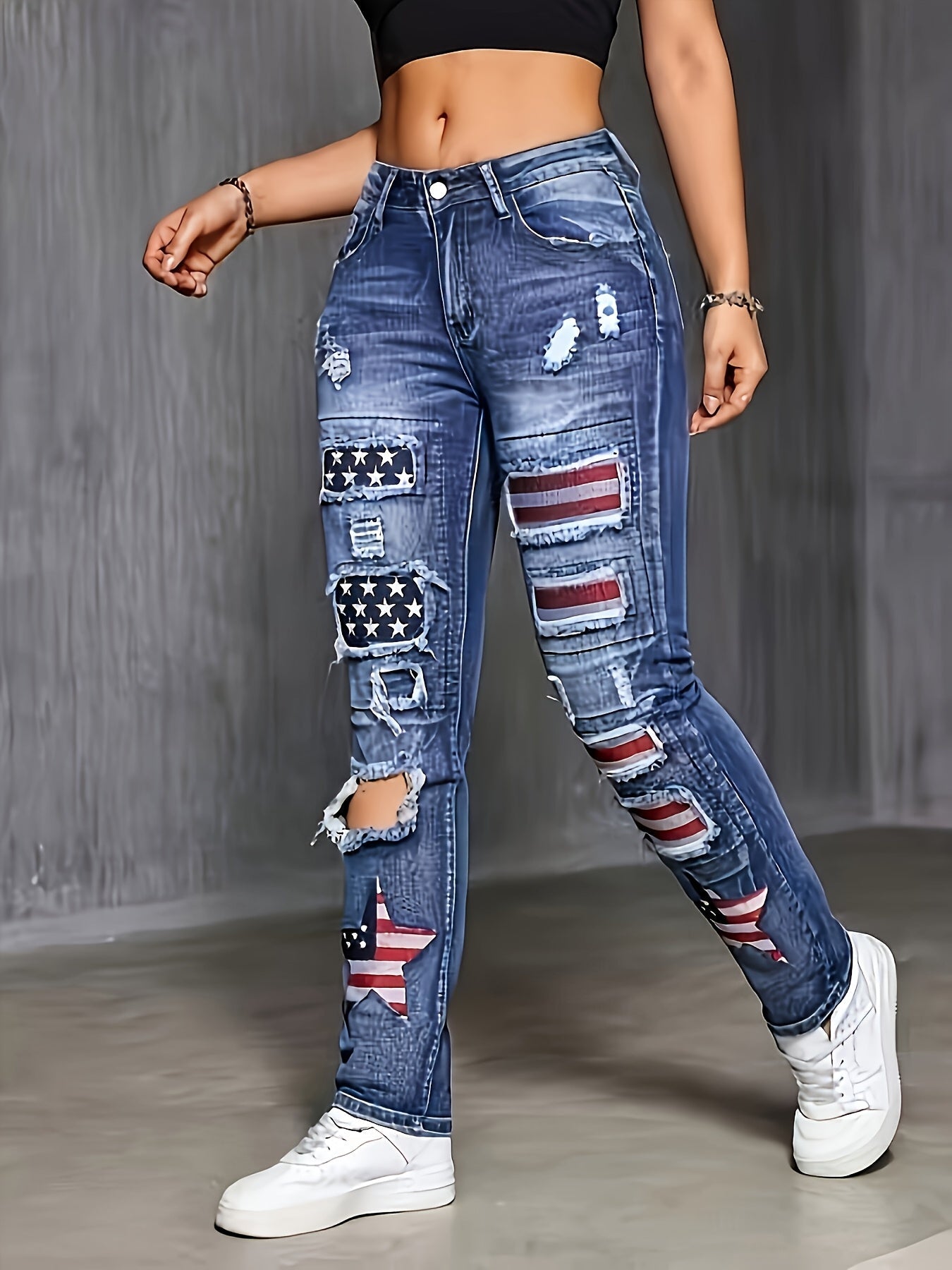 Women's Mid-Rise Straight Leg Jeans - Blue Distressed Streetwear detail view