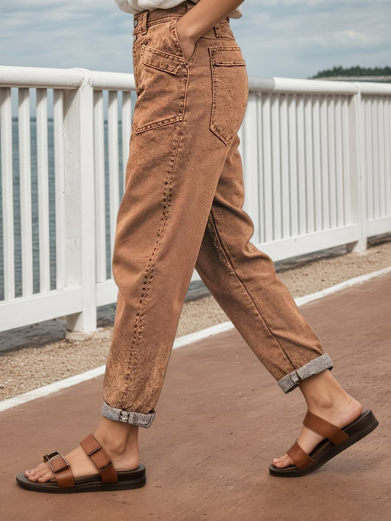 Women's Mid-Rise Straight Leg Jeans - Brown Distressed detail view