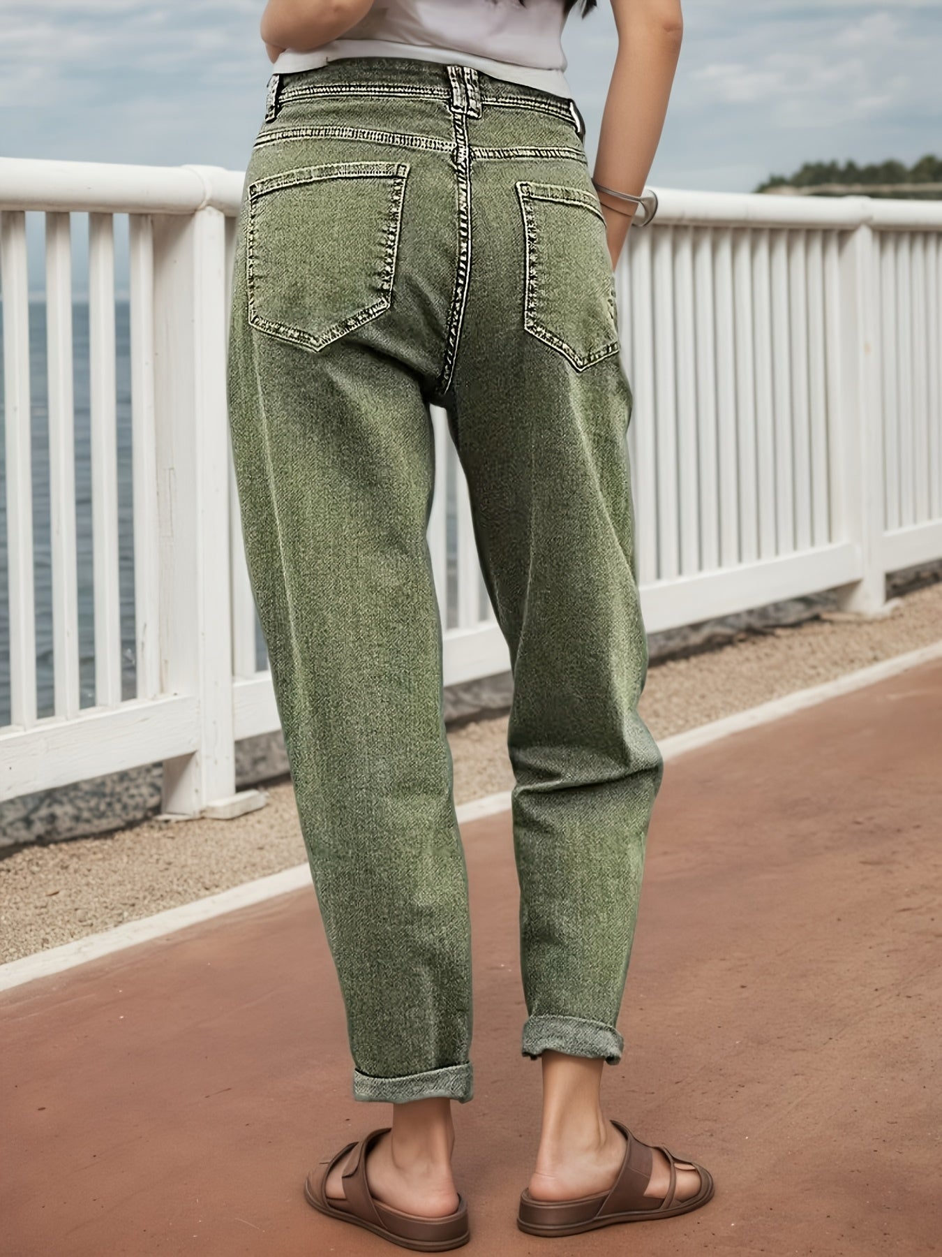 Women's Mid-Rise Straight Leg Jeans - Brown Distressed detail view
