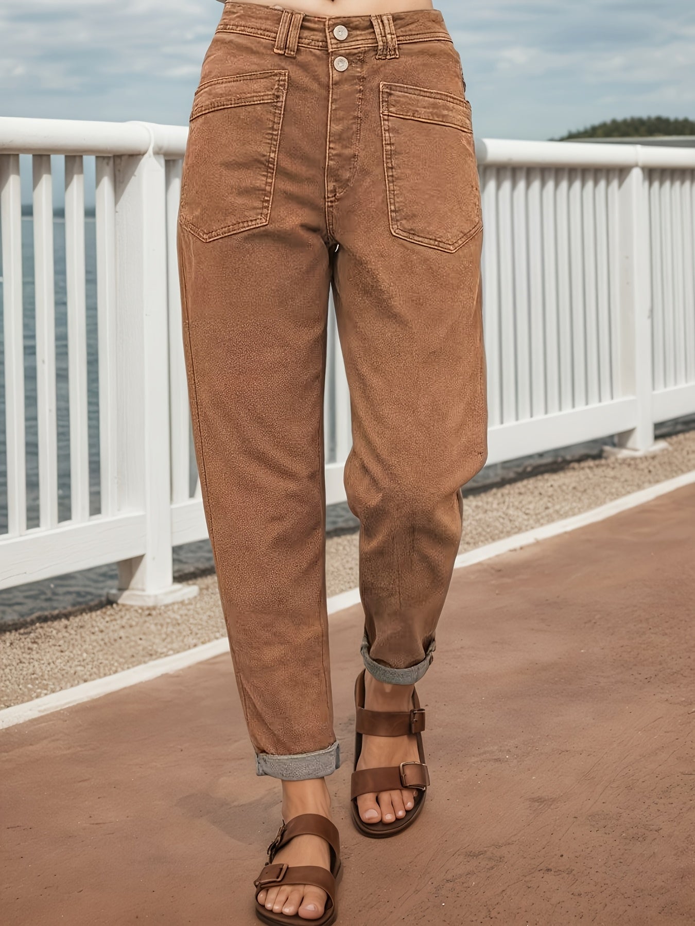 Women's Mid-Rise Straight Leg Jeans - Brown Distressed detail view