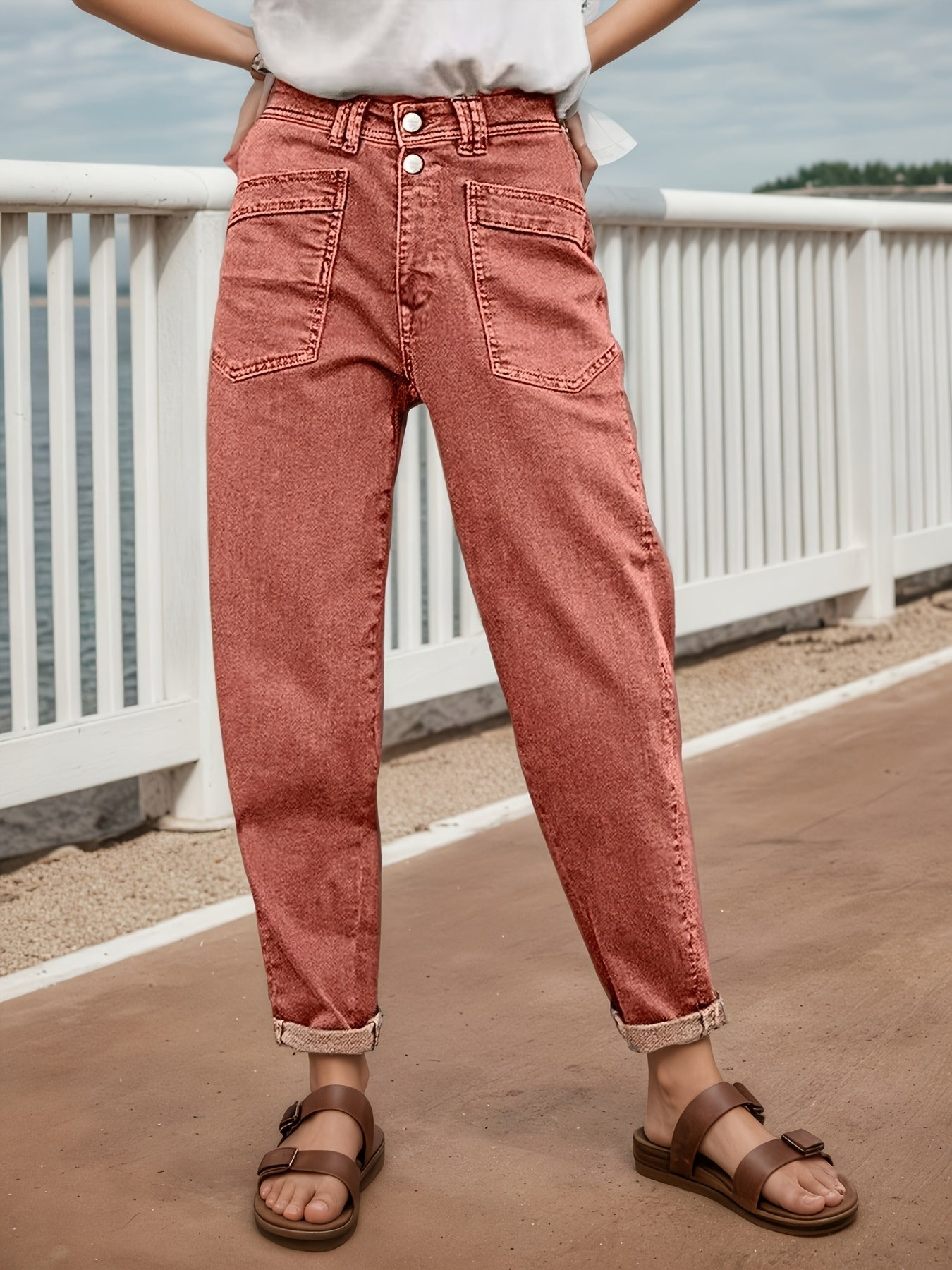 Women's Mid-Rise Straight Leg Jeans - Brown Distressed – Brown option – view 10
