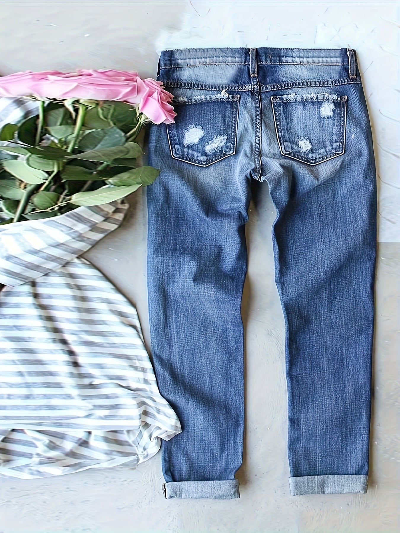 Women's Mid-Rise Straight Leg Jeans - Christmas Distressed detail view