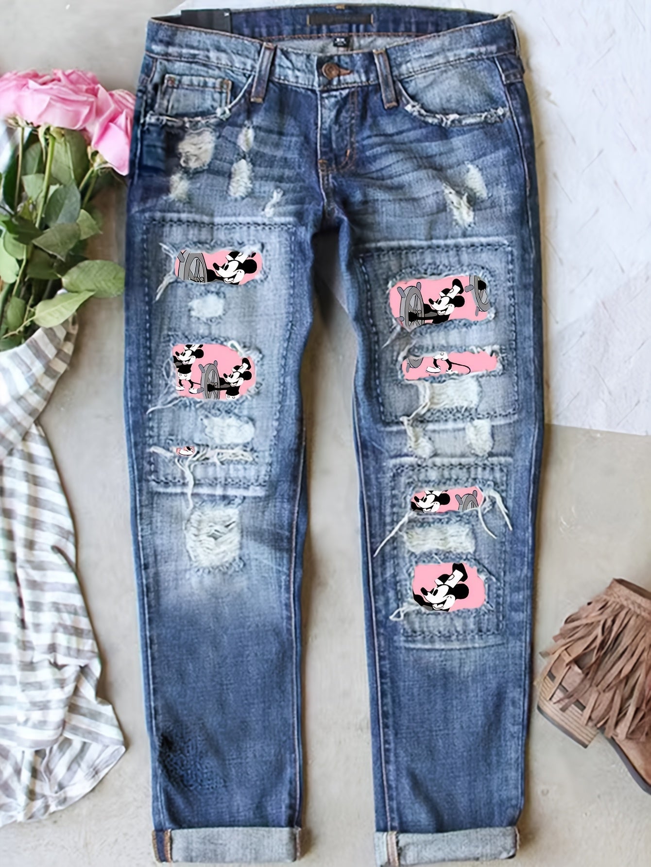 Women's Mid-Rise Straight Leg Jeans - Christmas Distressed detail view