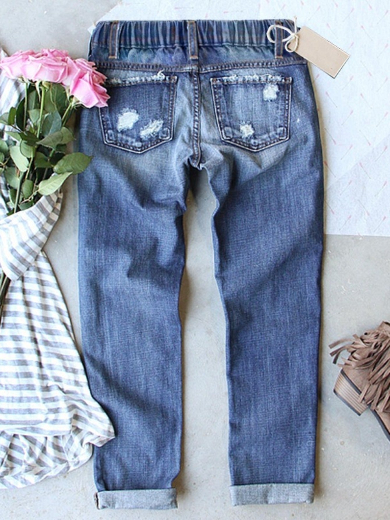 Women's Mid-Rise Straight Leg Jeans - Christmas Distressed detail view
