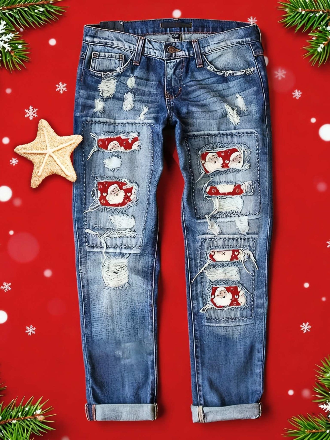 Women's Mid-Rise Straight Leg Jeans - Christmas Distressed Weekend – main product image
