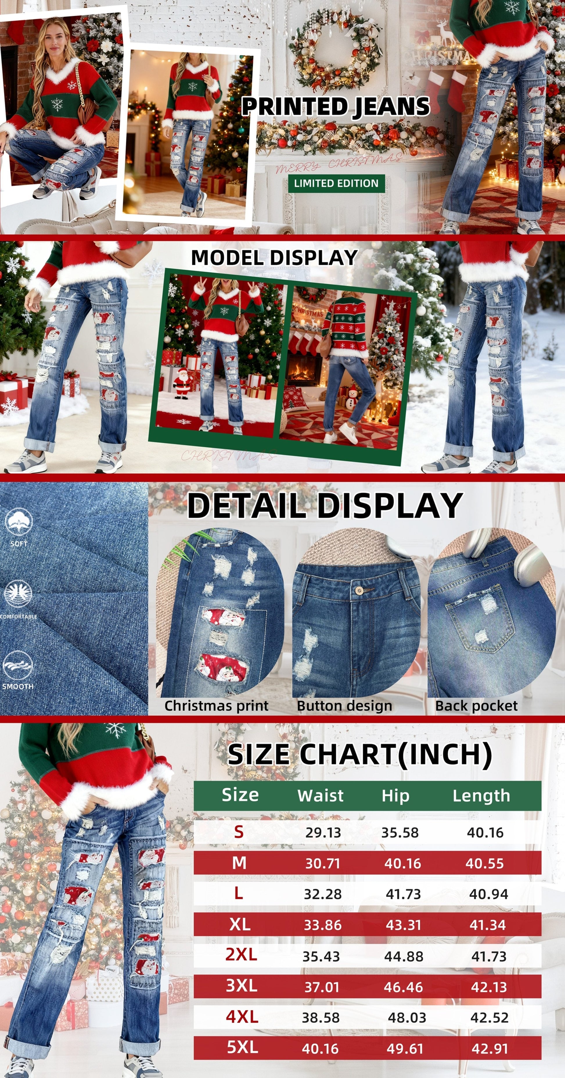 Women's Mid-Rise Straight Leg Jeans - Christmas Distressed Weekend detail view
