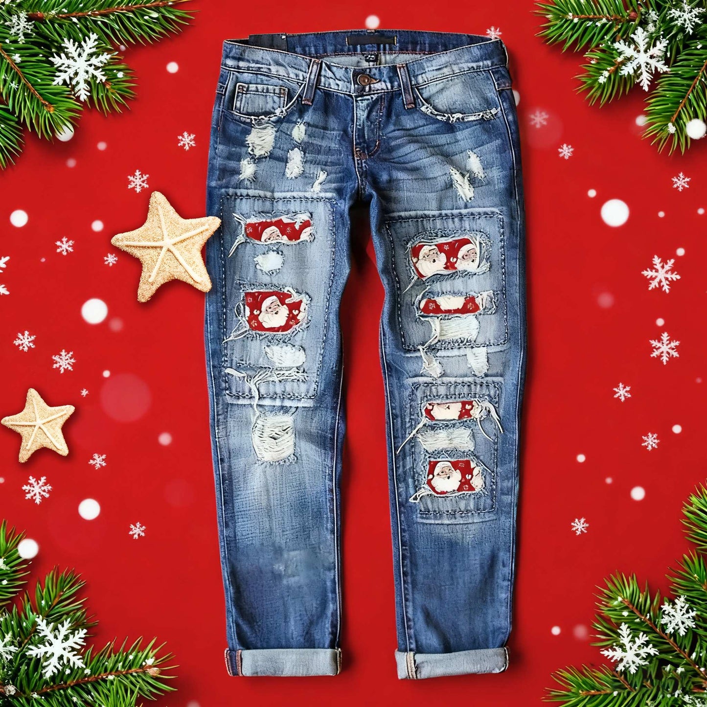 Women's Mid-Rise Straight Leg Jeans - Christmas Distressed Weekend detail view