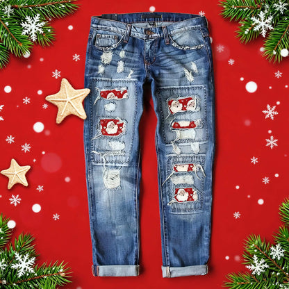 Women's Mid-Rise Straight Leg Jeans - Christmas Distressed Weekend detail view