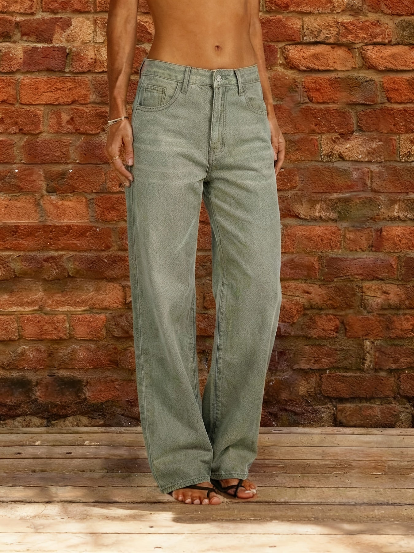 Women's Mid-Rise Straight Leg Jeans - Light Blue Distressed detail view