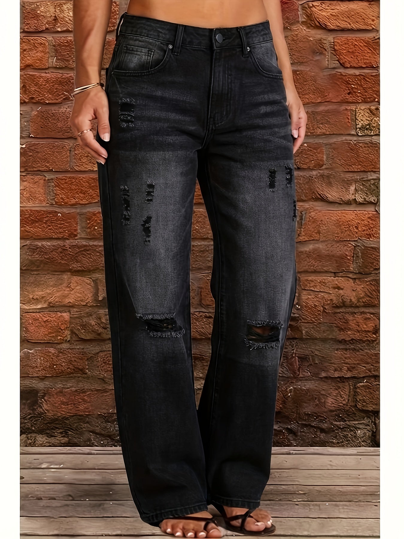 Women's Mid-Rise Straight Leg Jeans - Light Blue Distressed detail view