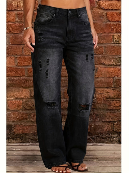 Women's Mid-Rise Straight Leg Jeans - Light Blue Distressed detail view