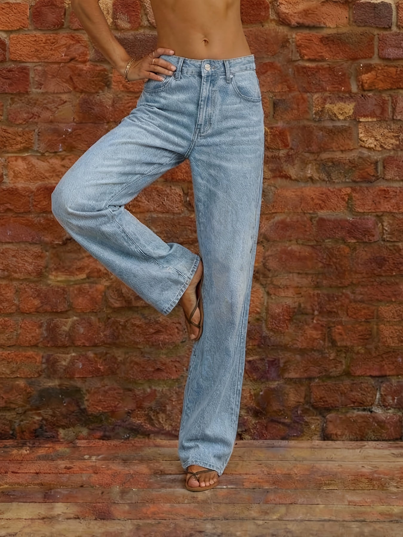 Women's Mid-Rise Straight Leg Jeans - Light Blue Distressed detail view