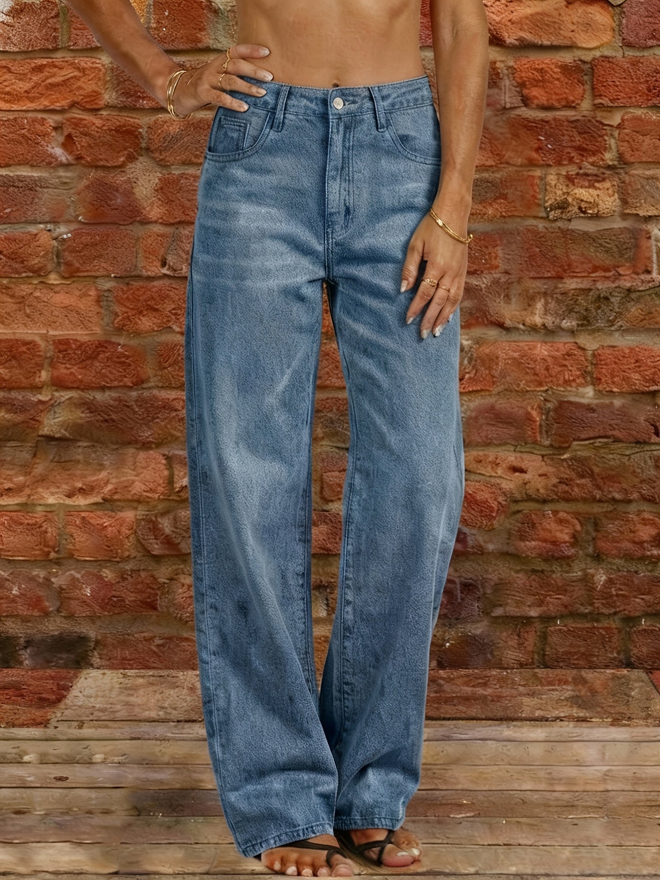 Women's Mid-Rise Straight Leg Jeans - Light Blue Distressed detail view