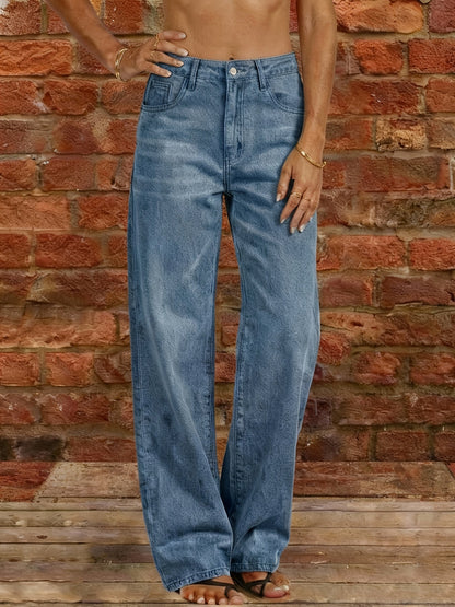 Women's Mid-Rise Straight Leg Jeans - Light Blue Distressed detail view
