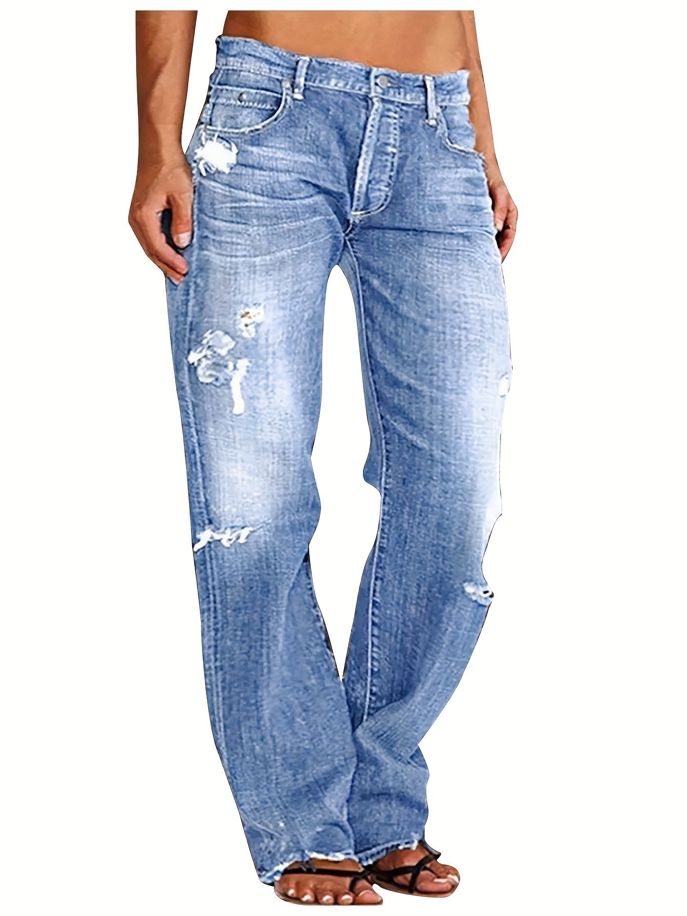 Women's Mid-Rise Straight Leg Jeans - Light Blue Distressed detail view