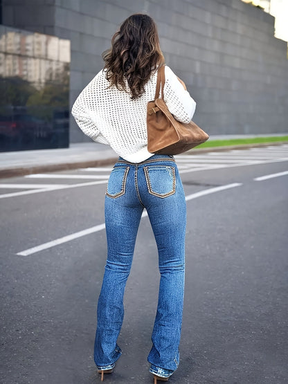 Women's Mid-Rise Straight Leg Jeans - Medium Blue Pocket Detail detail view