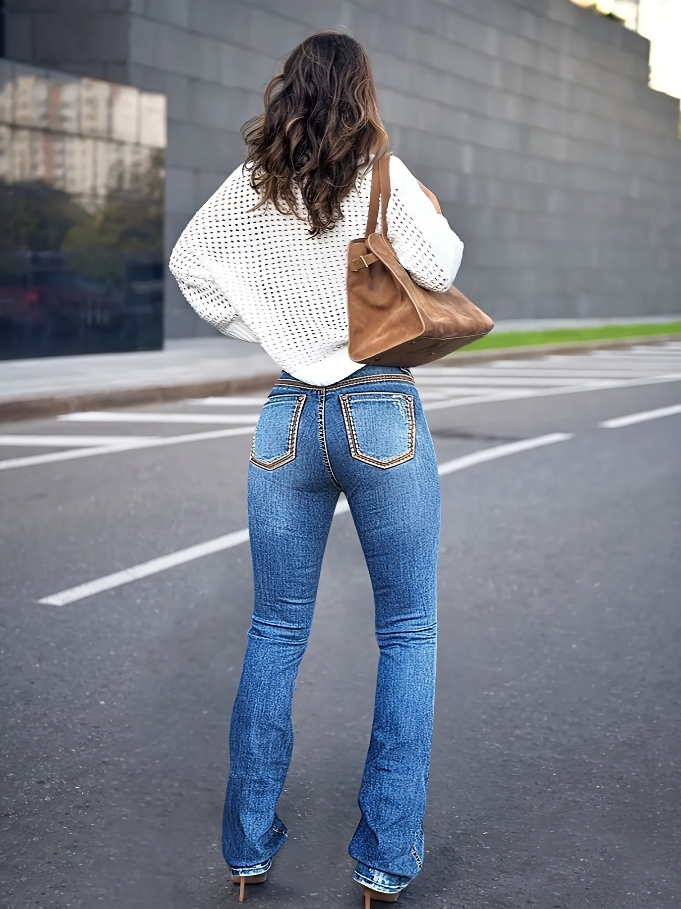 Women's Mid-Rise Straight Leg Jeans - Medium Blue Pocket Detail detail view