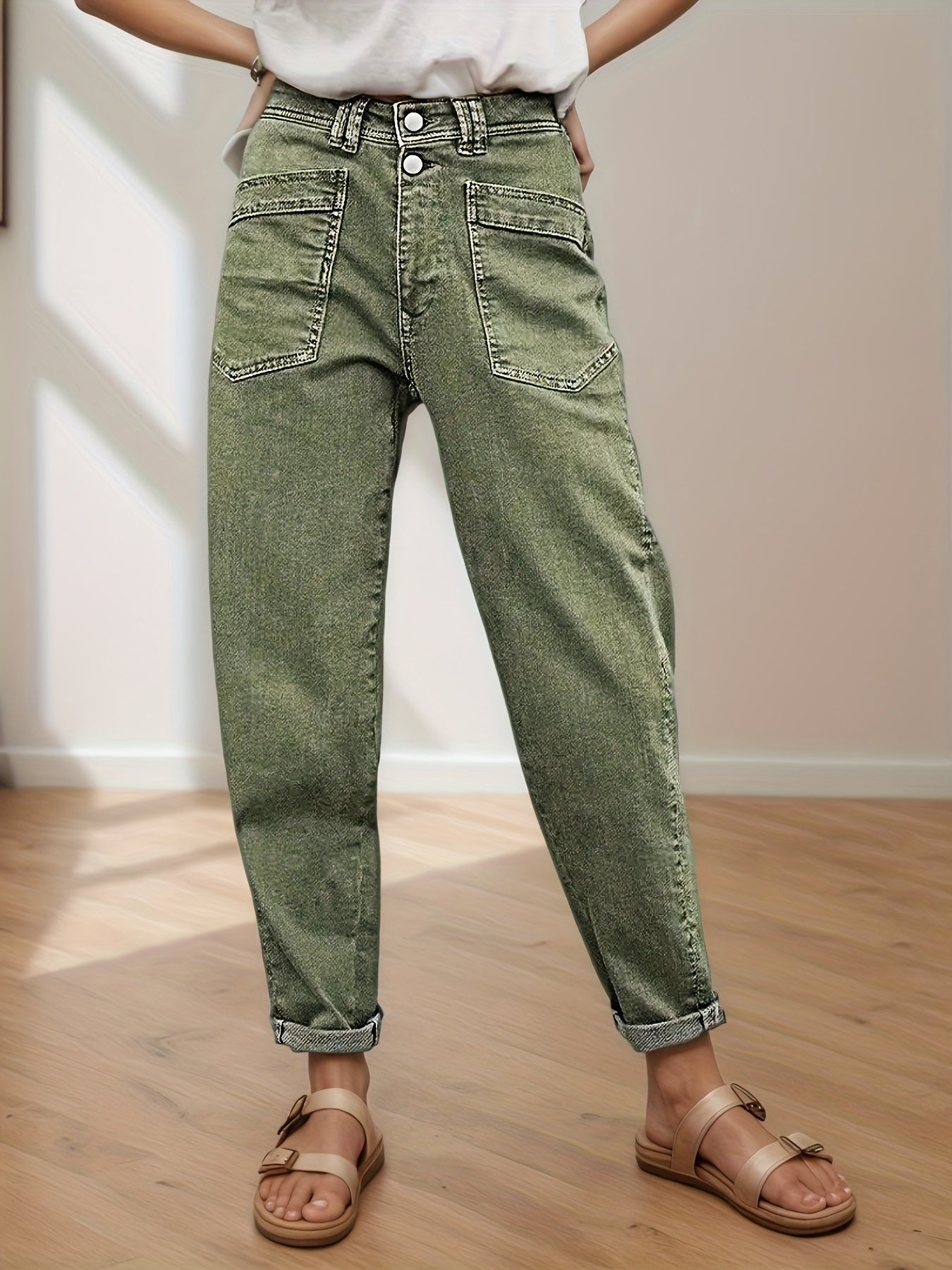 Women's Mid-Rise Straight Leg Jeans - Olive Green Pocket Detail Stretch – Green option – view 2
