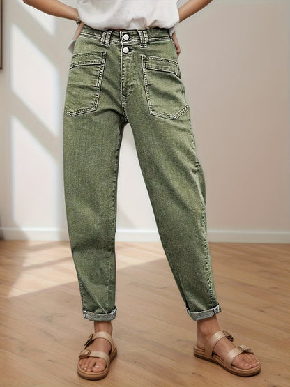 Women's Mid-Rise Straight Leg Jeans - Olive Green Pocket Detail Stretch – Green option – view 2