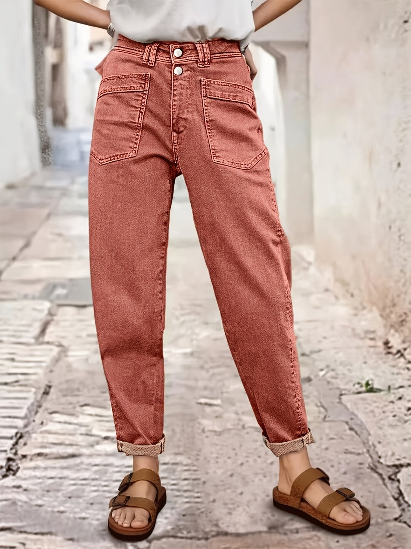 Women's Mid-Rise Straight Leg Jeans - Olive Green Pocket Detail Stretch – Green option – view 4