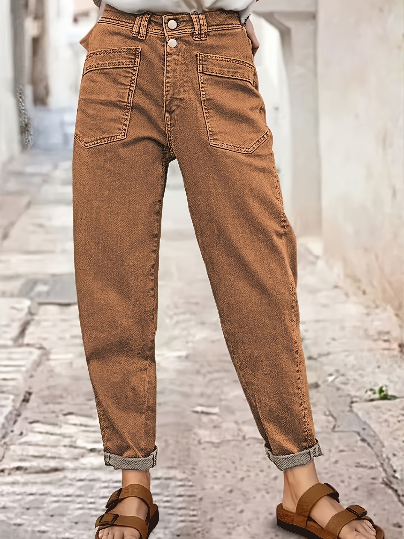 Women's Mid-Rise Straight Leg Jeans - Olive Green Pocket Detail Stretch detail view