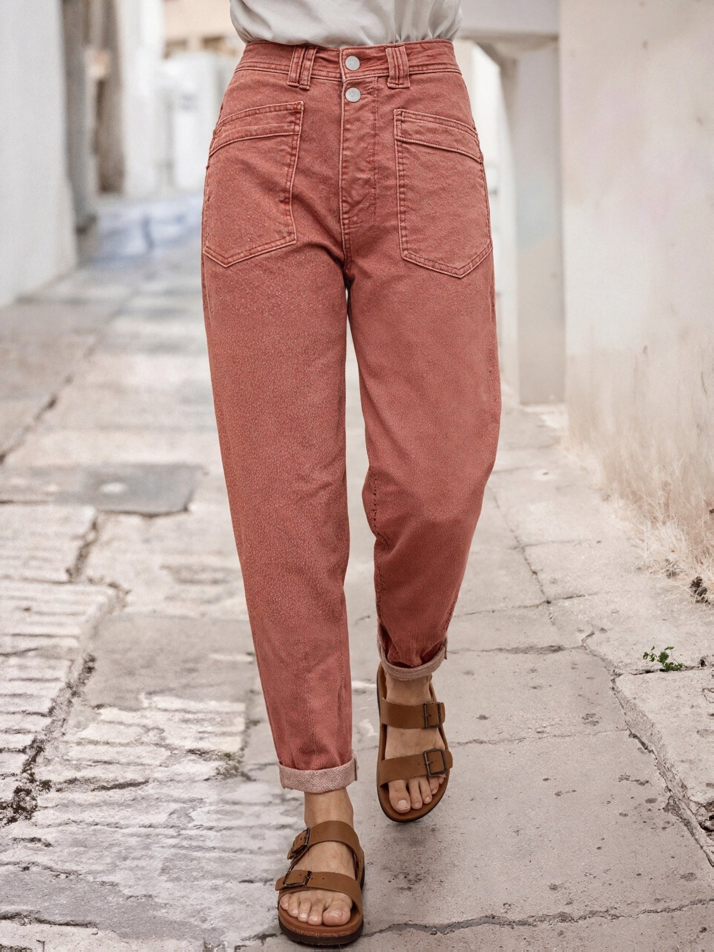 Women's Mid-Rise Straight Leg Jeans - Olive Green Pocket Detail Stretch detail view