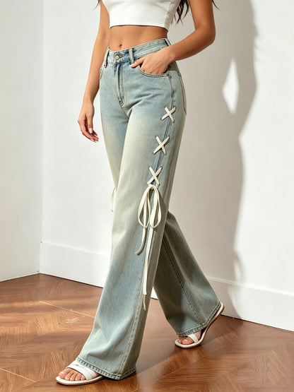 Women's Mid-Rise Wide Leg Jeans - Light Blue Button Detail Stretch detail view