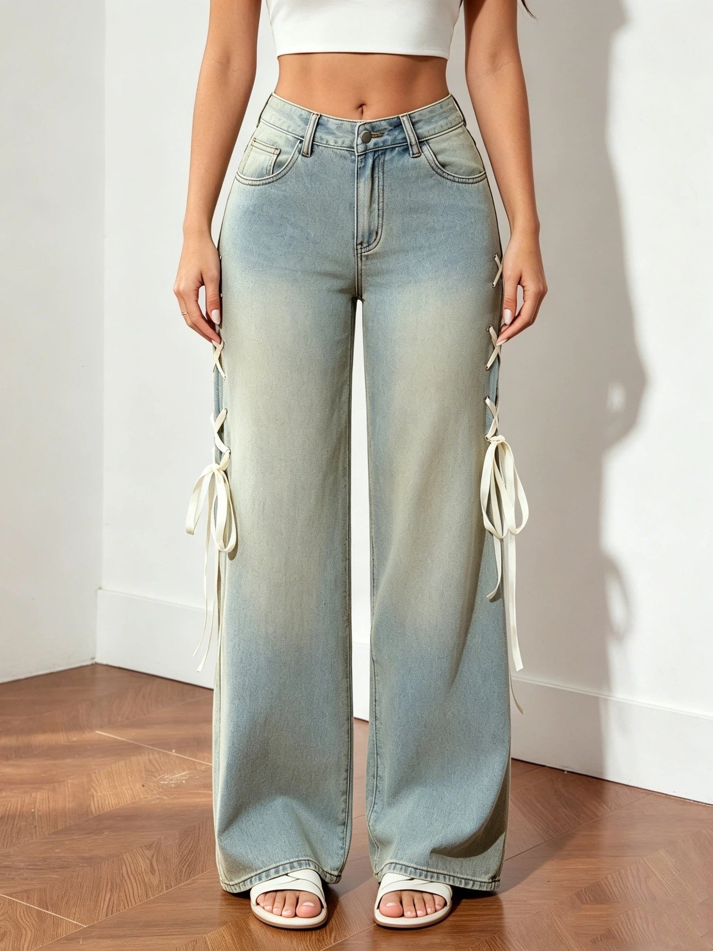 Women's Mid-Rise Wide Leg Jeans - Light Blue Button Detail Stretch detail view