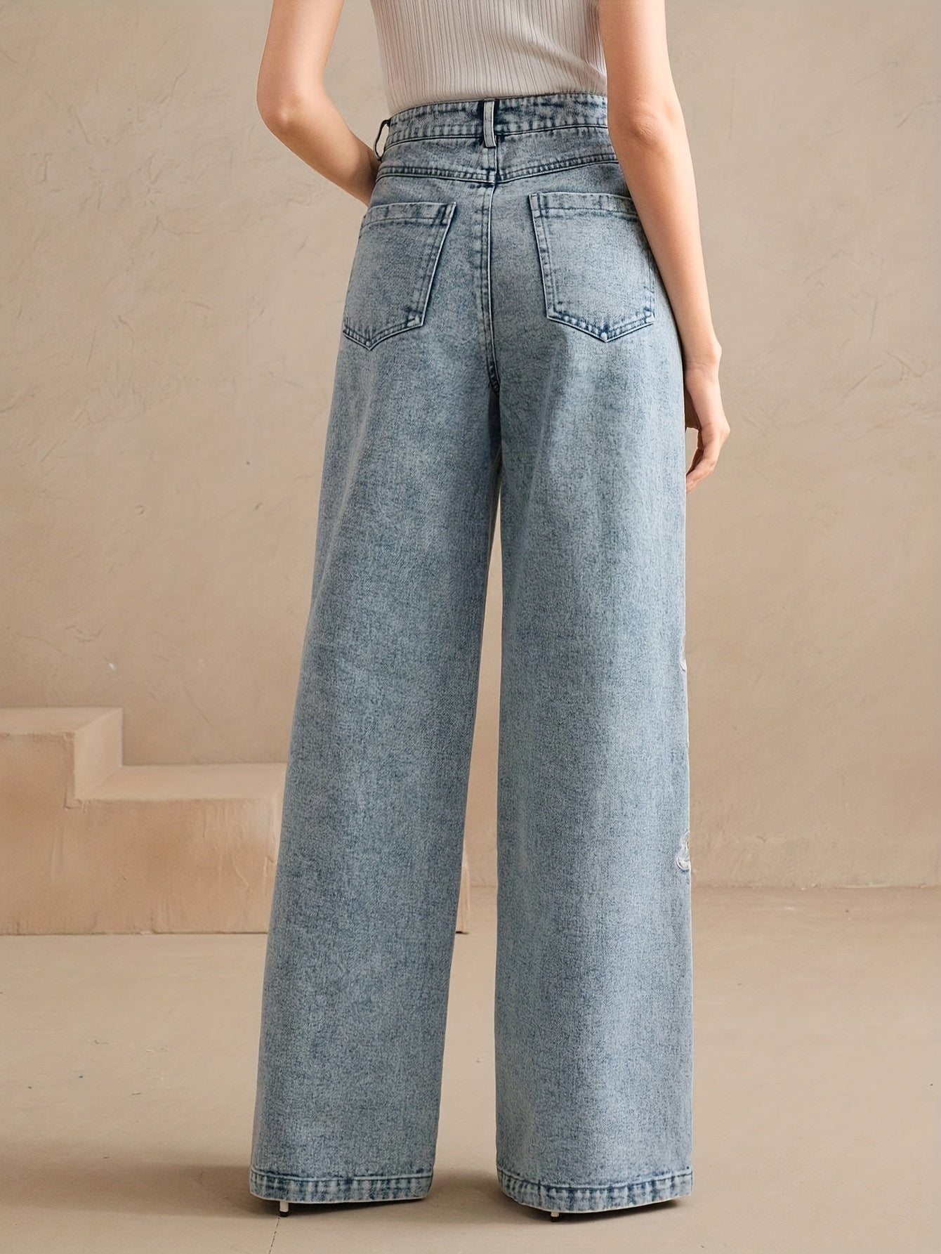 Women's Mid-Rise Wide Leg Jeans - Light Blue Embroidered detail view