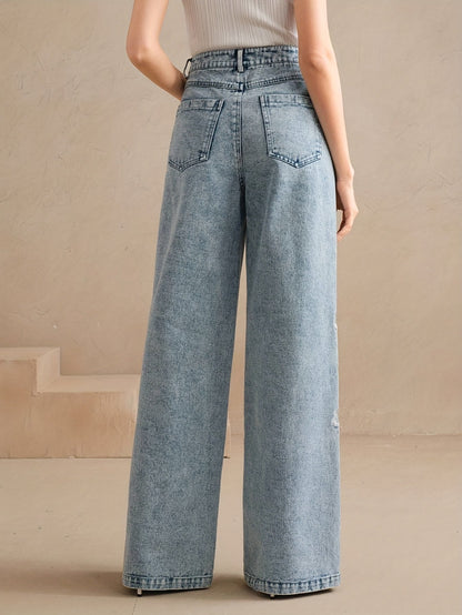 Women's Mid-Rise Wide Leg Jeans - Light Blue Embroidered detail view