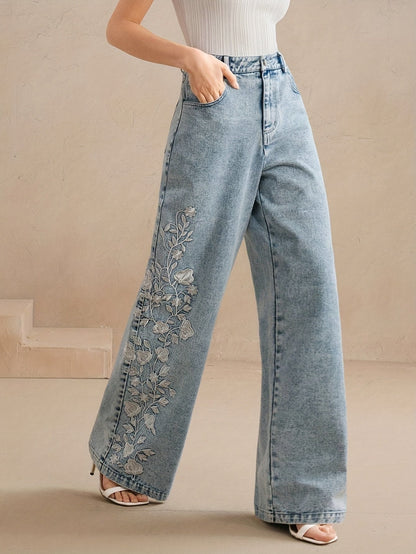 Women's Mid-Rise Wide Leg Jeans - Light Blue Embroidered detail view