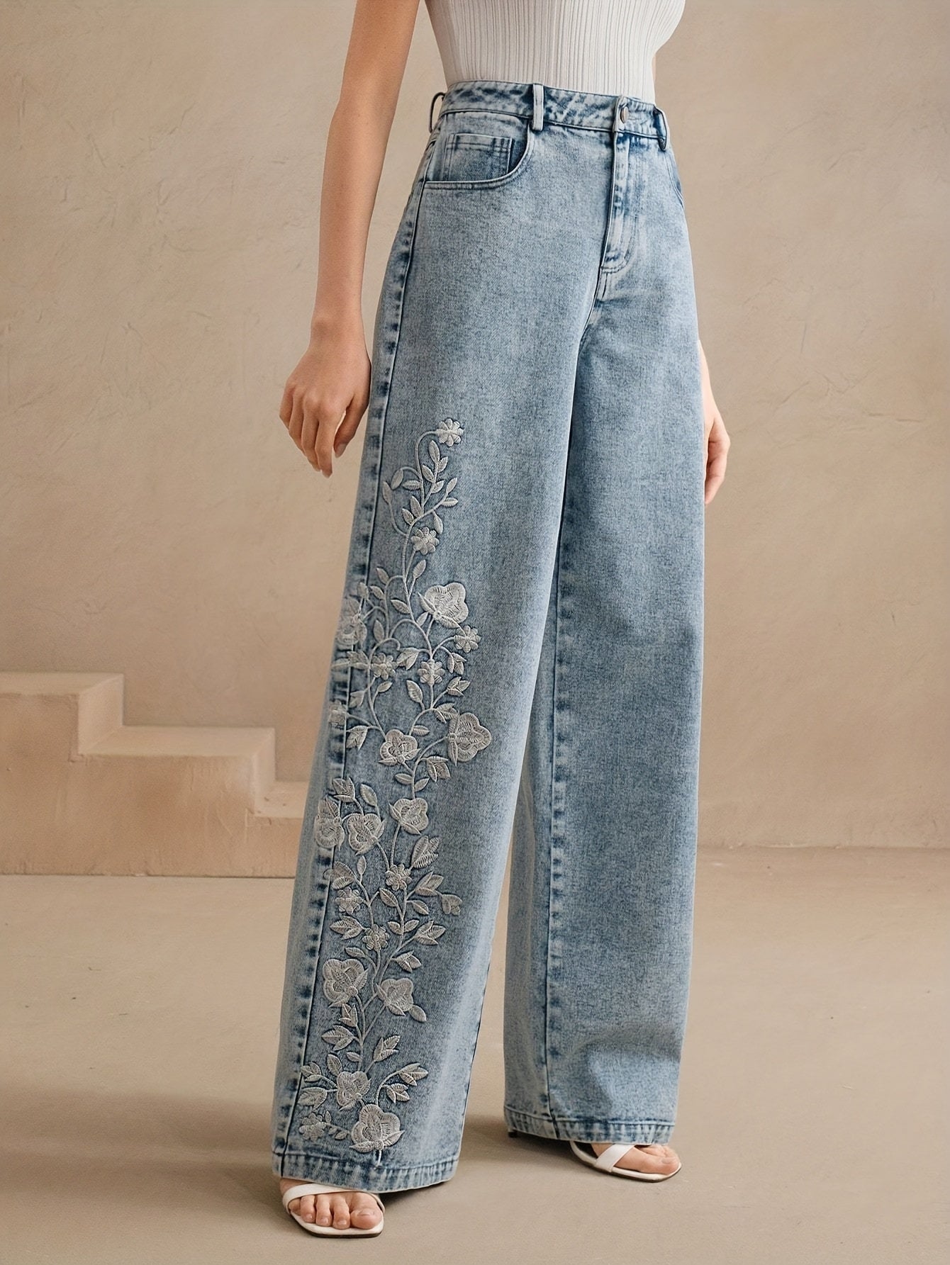 Women's Mid-Rise Wide Leg Jeans - Light Blue Embroidered detail view