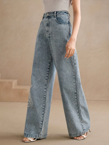 Women's Mid-Rise Wide Leg Jeans - Light Blue Embroidered detail view
