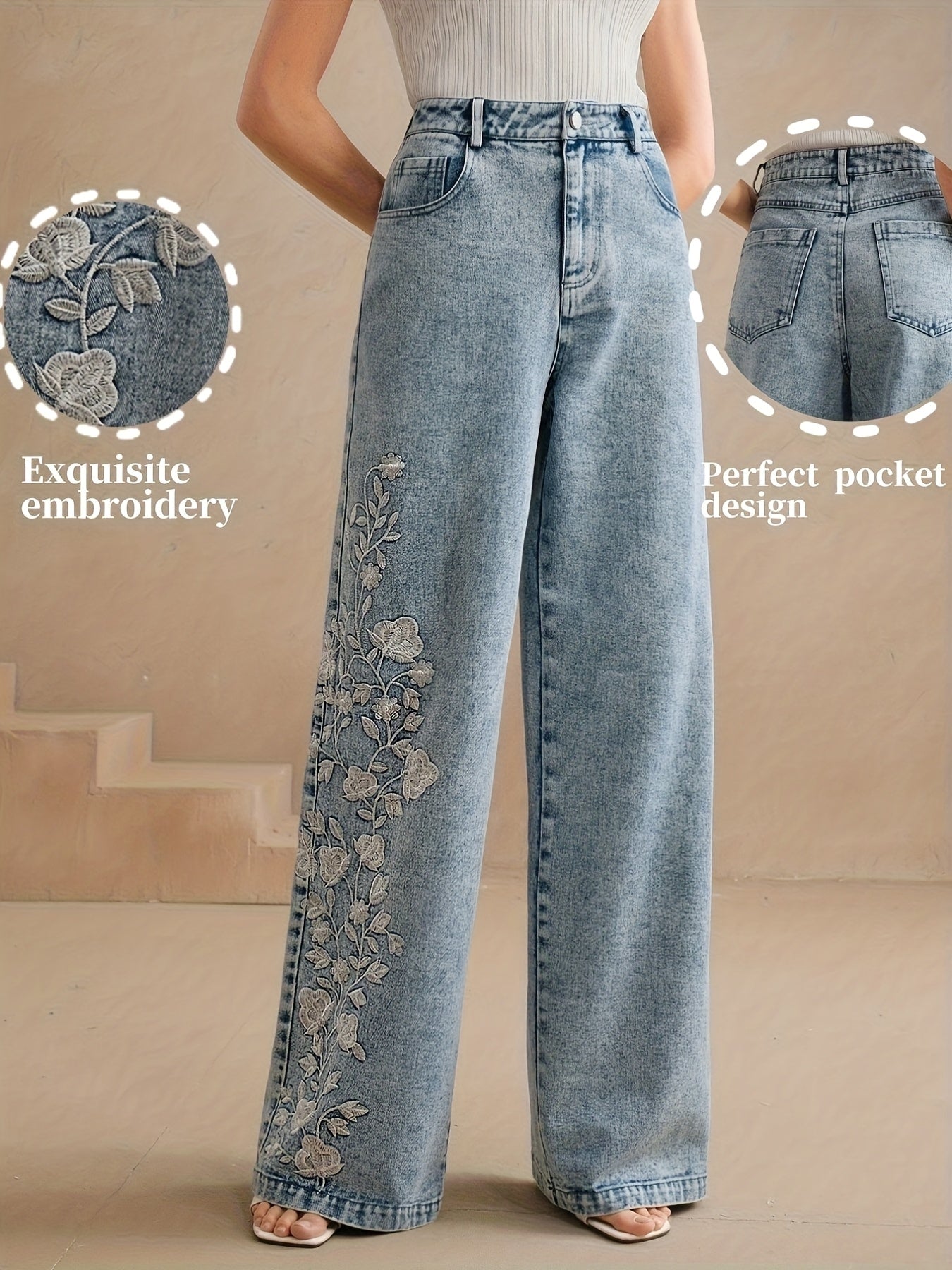 Women's Mid-Rise Wide Leg Jeans - Light Blue Embroidered detail view