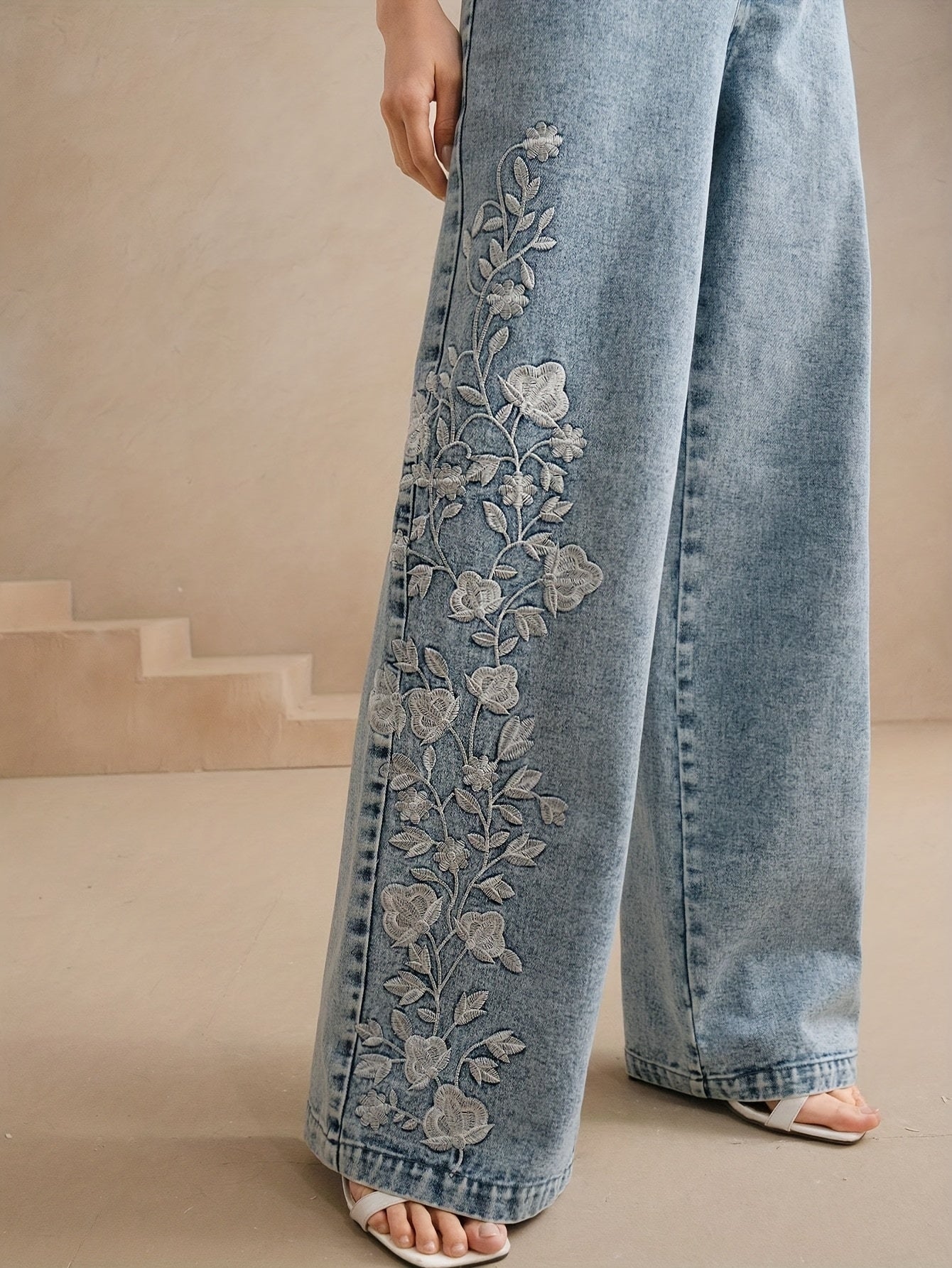 Women's Mid-Rise Wide Leg Jeans - Light Blue Embroidered detail view